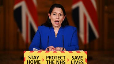 Britain's Home Secretary Priti Patel speaks during a media briefing on the COVID-19 pandemic, in Downing Street, London. (AP)
