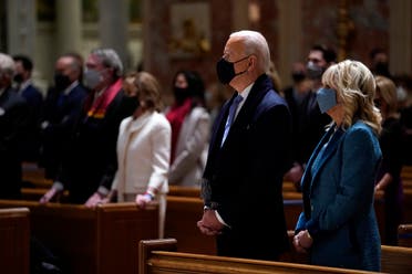 President-elect Joe Biden is joined his wife Jill Biden as they celebrate Mass at the Cathedral of St. Matthew the Apostle during Inauguration Day ceremonies, Jan. 20, 2021. (AP)