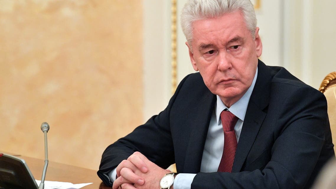 Moscow's Mayor Sergei Sobyanin attends a government meeting on the containment of the COVID-19, the disease caused by the novel coronavirus in Moscow. (AFP)