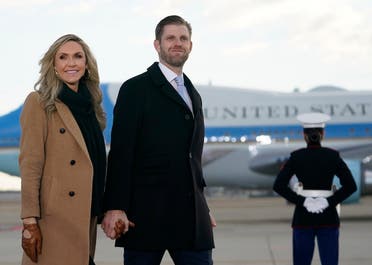 Eric Trump and his wife Lara arrive for outgoing US President Donald Trump and First Lady Melania Trump's departure at Joint Base Andrews, on January 20, 2021. (AFP)