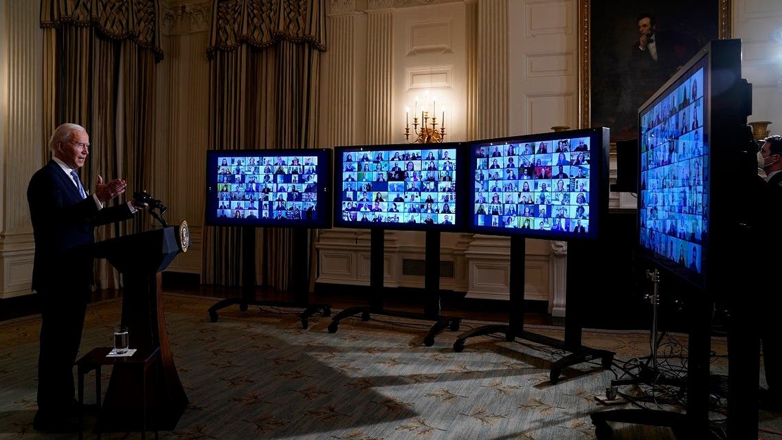 President Joe Biden speaks during a virtual swearing in ceremony of political appointees from the State Dining Room of the White House, Jan. 20, 2021. (AP)