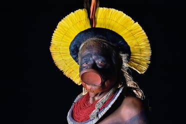 Indigenous leader Cacique Raoni Metuktire of the Kayapo tribe, poses for a photograph in Piaracu village, near Sao Jose do Xingu, Mato Grosso state, Brazil, on January 16, 2020. (AFP)