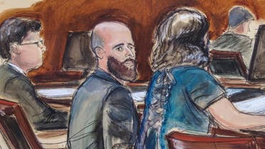 In this courtroom sketch Joshua Schulte, center, is seated at the defense table flanked by his attorneys during jury deliberations, Wednesday March 4, 2020, in New York. A federal jury in Manhattan has heard closing arguments in the espionage trial of Schulte, a former CIA software engineer charged in the largest leak of classified information in the agency's history. (Elizabeth Williams via AP)