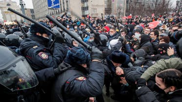 Law enforcement officers clash with participants during a rally in support of jailed Russian opposition leader Alexei Navalny in Moscow, Russia January 23, 2021. (Reuters)