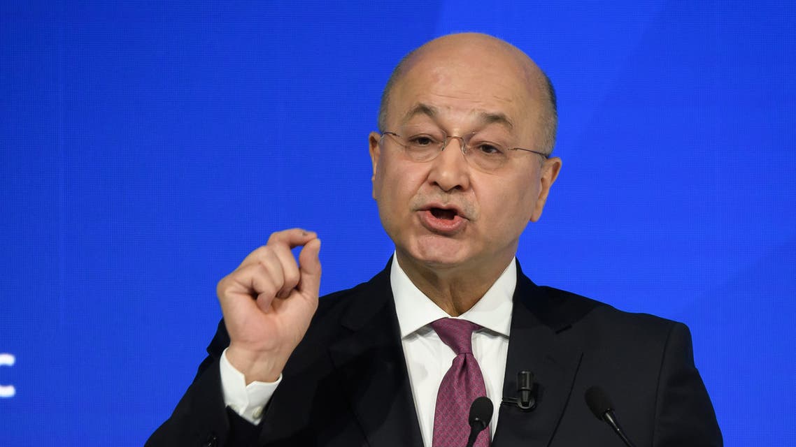 Iraqi President Barham Saleh delivers a speech at the World Economic Forum (WEF) annual meeting in Davos, on January 22, 2020.