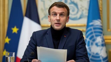 French President Emmanuel Macron speaks during a video conference with international partners to discuss humanitarian aid for financially-strapped Lebanon, Dec. 2, 2020. (Reuters)
