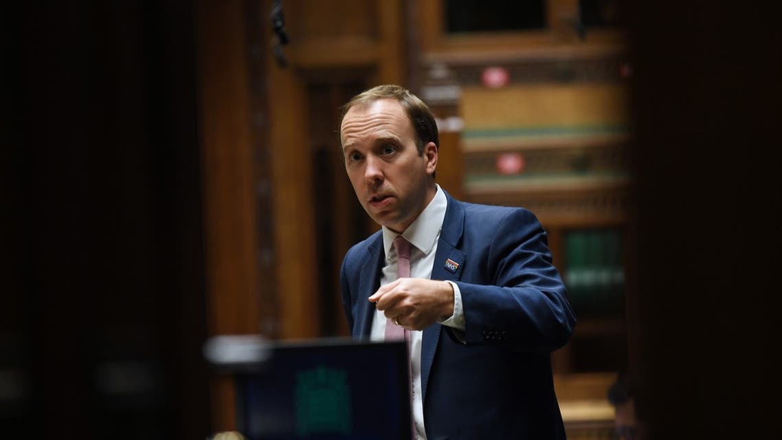 A handout photograph released by the UK Parliament shows Britain's Health Secretary Matt Hancock attending a debate on the novel coronavirus COVID-19, in the House of Commons in London. (AFP)