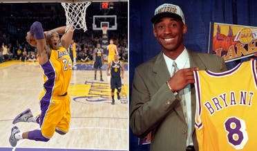 At left, in a Jan. 25, 2013, file photo, Los Angeles Lakers guard Kobe Bryant goes up for a dunk during the first half of an NBA basketball game against the Utah Jazz, in Los Angeles. At right, in a July 12, 1996, file photo, Kobe Bryant, 17, jokes with the media as he holds his Los Angeles Lakers jersey during a news conference in Inglewood, California. (AP)