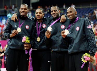 Members of the United States basketball team pose with their gold medals at the 2012 Summer Olympics in London. From left are Kevin Durant, Carmelo Anthony, LeBron James and Kobe Bryant. (AP)