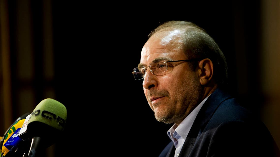 Parliament speaker Mohammad Baqer Ghalibaf speaks during a press conference. (AFP)