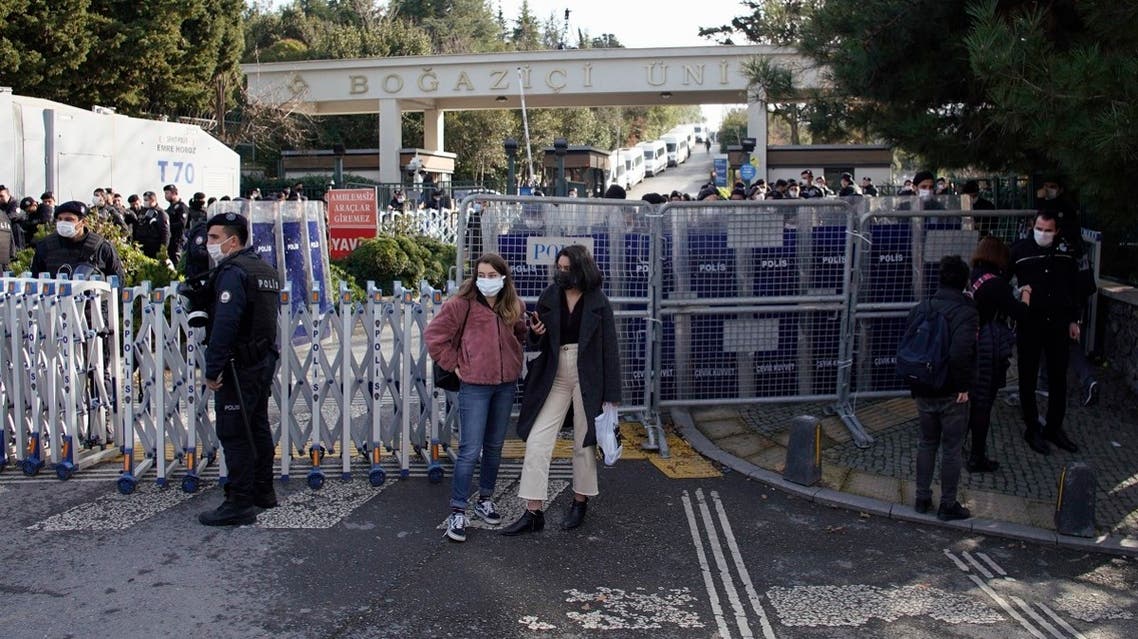 Police officers secure the entrance of Bogazici University in Istanbul, during a protest, January 6, 2021. (AP/Huseyin Aldemir)