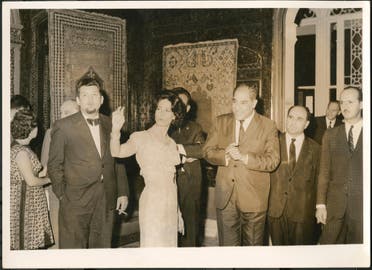 Lady Yvonne Sursock Cochrane at the opening of the exhibition Tapis d’Orient at the Sursock Museum, 1963. (Photo: Sursock Museum archive)