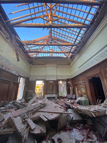 Sursock Palace's library taken after the blast, showing the collapsed roof. (Photo by Bassam Lahoud)