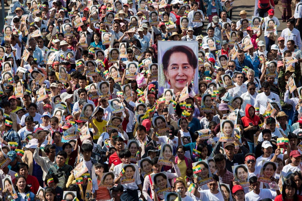  In this file photo taken on December 10, 2019 people participate in a rally in support of Myanmar's State Counsellor Aung San Suu Kyi. (AFP)
