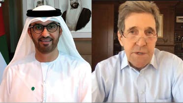 UAE Special Envoy for Climate Change Dr. Sultan Ahmed Al Jaber, left, and US Special Presidential Envoy for Climate John Kerry during a virtual call. (WAM)
