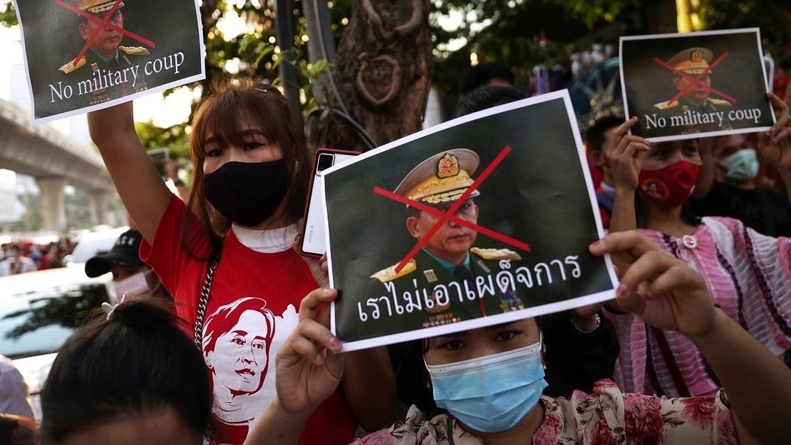 NLD supporters rally outside Myanmar's embassy after the military seized power from a democratically elected civilian government and arrested its leader Aung San Suu Kyi, in Bangkok, on February 1, 2021. (Reuters)