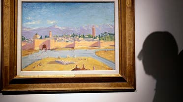An oil on canvas painting by Winston Churchill Painted in Jan. 1943 called ‘Tower of the Koutoubia Mosque’ is displayed at Christie’s auction rooms in London, Jan. 29, 2021. (AP/Kirsty Wigglesworth)