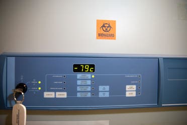 A special scientific freezer that can reach ultra-low temperatures of minus 80 degrees celsius, -80°c, is seen in a microbiology lab at the University of Washington School of Medicine on December 11, 2020 in Seattle, Washington. (File photo: AFP)