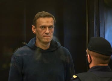 Russian opposition leader Alexei Navalny accused of flouting the terms of a suspended sentence for embezzlement attends a court hearing in Moscow, Russia February 2, 2021. (Press service of Moscow City Court/Handout via Reuters)