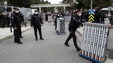 Riot police stand guard in front of the Bogazici University as students protest against the new rector and arrest of two students inside the campus, in Istanbul, Turkey February 1, 2021. (Reuters/Murad Sezer)