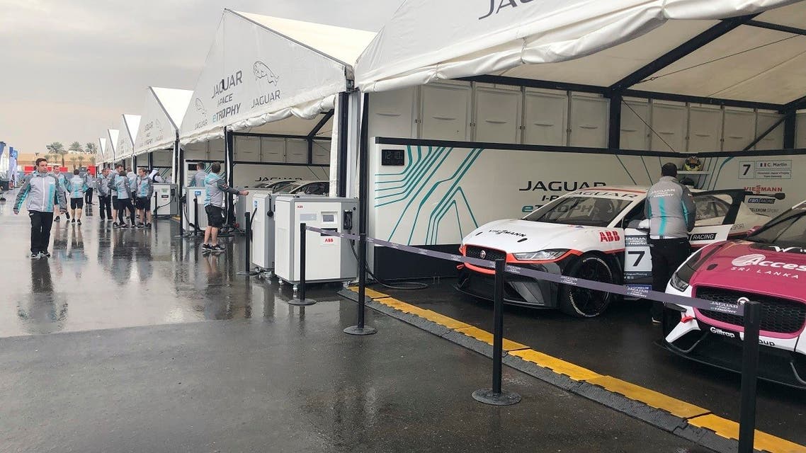 Electric cars are powered before one of the races at the Formula-E held on the outskirts of Riyadh, Saudi Arabia. (File photo: AP)