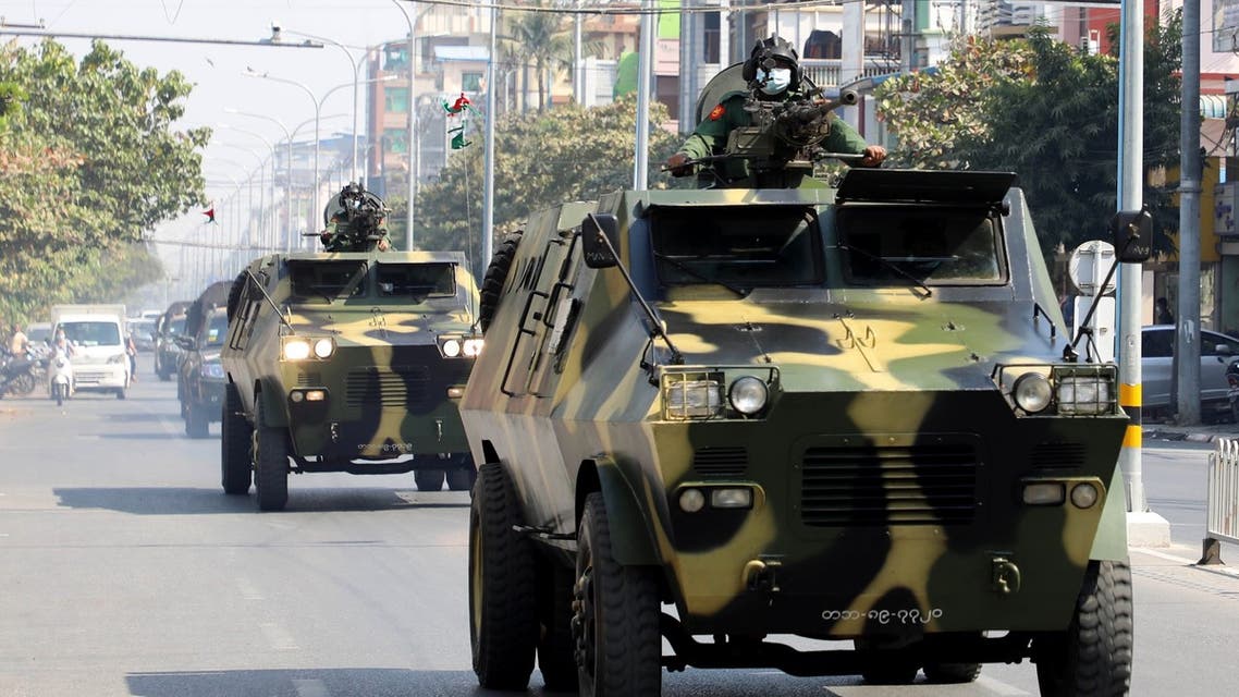 Armoured personnel carriers are seen on the streets of Mandalay on February 3, 2021, as calls for a civil disobedience gather pace following a military coup which saw civilian leader Aung San Suu Kyi being detained.