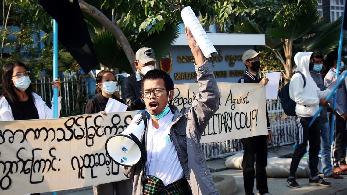 People protest on the street against the military after Monday’s coup, outside the Mandalay Medical University in Mandalay, Myanmar, on February 4, 2021. (Reuters)
