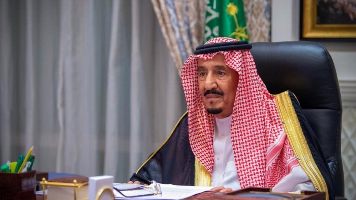 A handout picture provided by the Saudi Royal Palace on November 12, 2020, shows Saudi King Salman bin Abdulaziz Al-Saud delivering a speech to the Shura council in the capital Riyadh. (AFP)