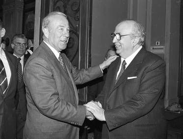 US. Secretary of State George Shultz (L) is greeted by Italian Defense Minister Giovanni Spadolini as he arrives in the latter's office at the Defense Ministry in Rome for talks on March 29, 1986. (Reuters)