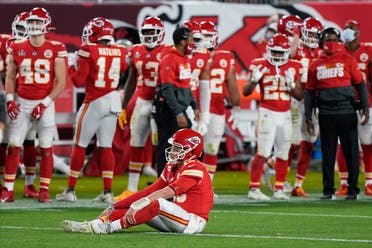 Kansas City Chiefs quarterback Patrick Mahomes (15) sits on the turf during the second half of the NFL Super Bowl 55 football game against the Tampa Bay Buccaneers, Sunday, Feb. 7, 2021, in Tampa, Fla. (AP)