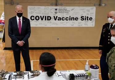 US President Joe Biden visits a coronavirus disease (COVID-19) vaccination site during a visit to Walter Reed National Military Medical Center in Bethesda, Maryland, U.S., January 29, 2021. (Reuters)