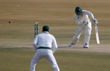 South Africa’s Rassie van der Dussen (right), is bowled by Pakistan’s Hasan Ali during the fifth day of the second cricket test match between Pakistan and South Africa at the Pindi Stadium in Rawalpindi, Pakistan, on February 8, 2021. (AP)