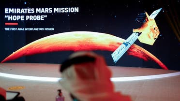 A representation of Mars and the Hope Probe is seen at the Mohammed bin Rashid Space Centre ahead of its launch from Tanegashima Island in Japan, in Dubai, United Arab Emirates July 19, 2020. (Reuters)