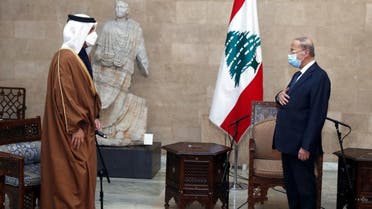 Lebanon's President Michel Aoun (R) meeting with Qatar's Foreign Minister Mohammed bin Abdulrahman Al Thani at the presidential palace in Baabda, east of the capital, on February 9, 2021. (AFP)