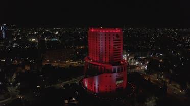 A building in Jordan illuminated in red for the UAE's Hope probe mission to Mars. (Twitter)