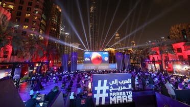 A general view of an event to mark Hope Probe's entering the orbit of Mars, with Burj Khalifa in the background, in Dubai, United Arab Emirates, February 9, 2021. (Reuters)