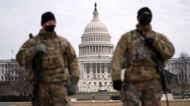 Members of the National Guard patrol the area outside of the Capitol during the impeachment trial of former President Donald Trump, Feb. 10, 2021. (AP)