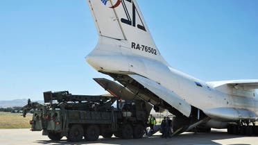 A Russian transport aircraft, carrying parts of the S-400 air defense systems, lands at Murted military airport outside Ankara, Turkey, Aug. 27, 2019. (AP)