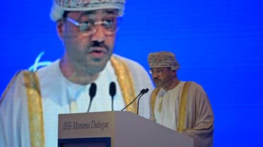 Oman's Minister of Foreign Affairs Sayyid Badr bin Hamad bin Hamood al-Busaidi addresses the Manama Dialogue security conference in the Bahraini capital, on December 5, 2020. (AFP)