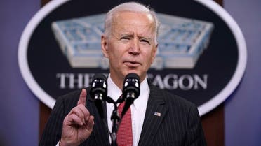 President Joe Biden speaks to Department of Defense personnel at the Pentagon, Feb. 10, 2021, in Washington. (AP) 
