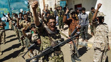 Newly recruited Houthi fighters chant slogans during a gathering in the capital Sanaa to mobilize more fighters. (File Photo: AFP)