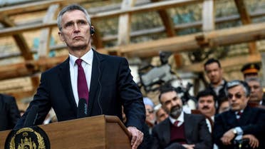 NATO Secretary General Jens Stoltenberg attends a press conference along with Afghanistan’s President Ashraf Ghani and former US Secretary of Defense Mark Esper at the presidential palace in Kabul on February 29, 2020. (Wakil Kohsar/AFP)