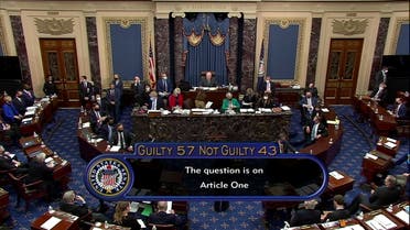 The U.S. Senate votes to acquit former U.S. President Donald Trump by a vote of 57 guilty to 43 not guilty, short of the 2/3s majority needed to convict, during the fifth day of the impeachment trial of the former president on charges of inciting the deadly attack on the U.S. Capitol, on Capitol Hill in Washington, U.S., February 13, 2021. U.S. Senate (TV/Handout via Reuters)