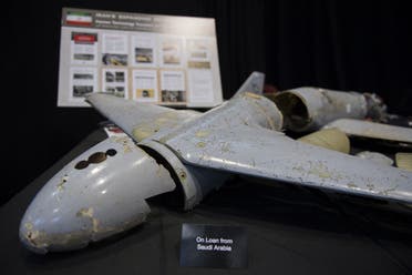 A kamikaze drone is seen on display to prove Iran violated UNSCR 2231 by providing the Houthi rebels in Yemen with arms during a press conference at Joint Base Anacostia in Washington, DC, on December 14, 2017. (AFP)