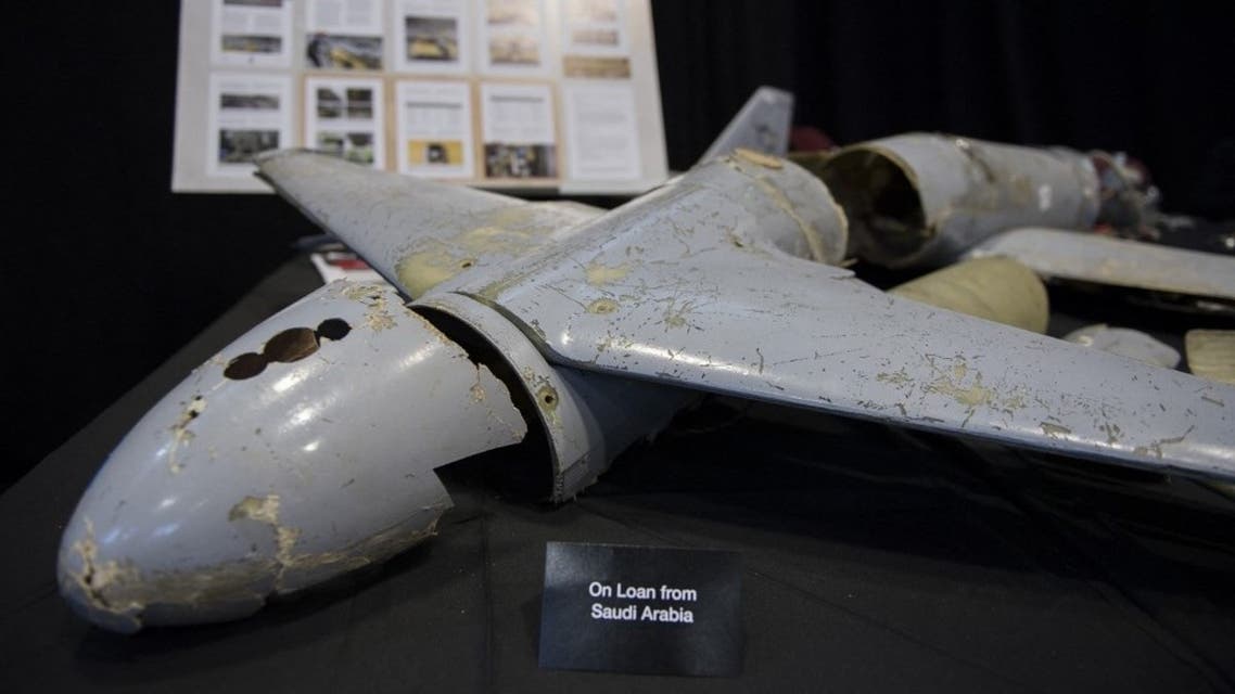 A kamikaze drone is seen on display to prove Iran violated UNSCR 2231 by providing the Houthi rebels in Yemen with arms during a press conference at Joint Base Anacostia in Washington, DC, on December 14, 2017. (AFP)