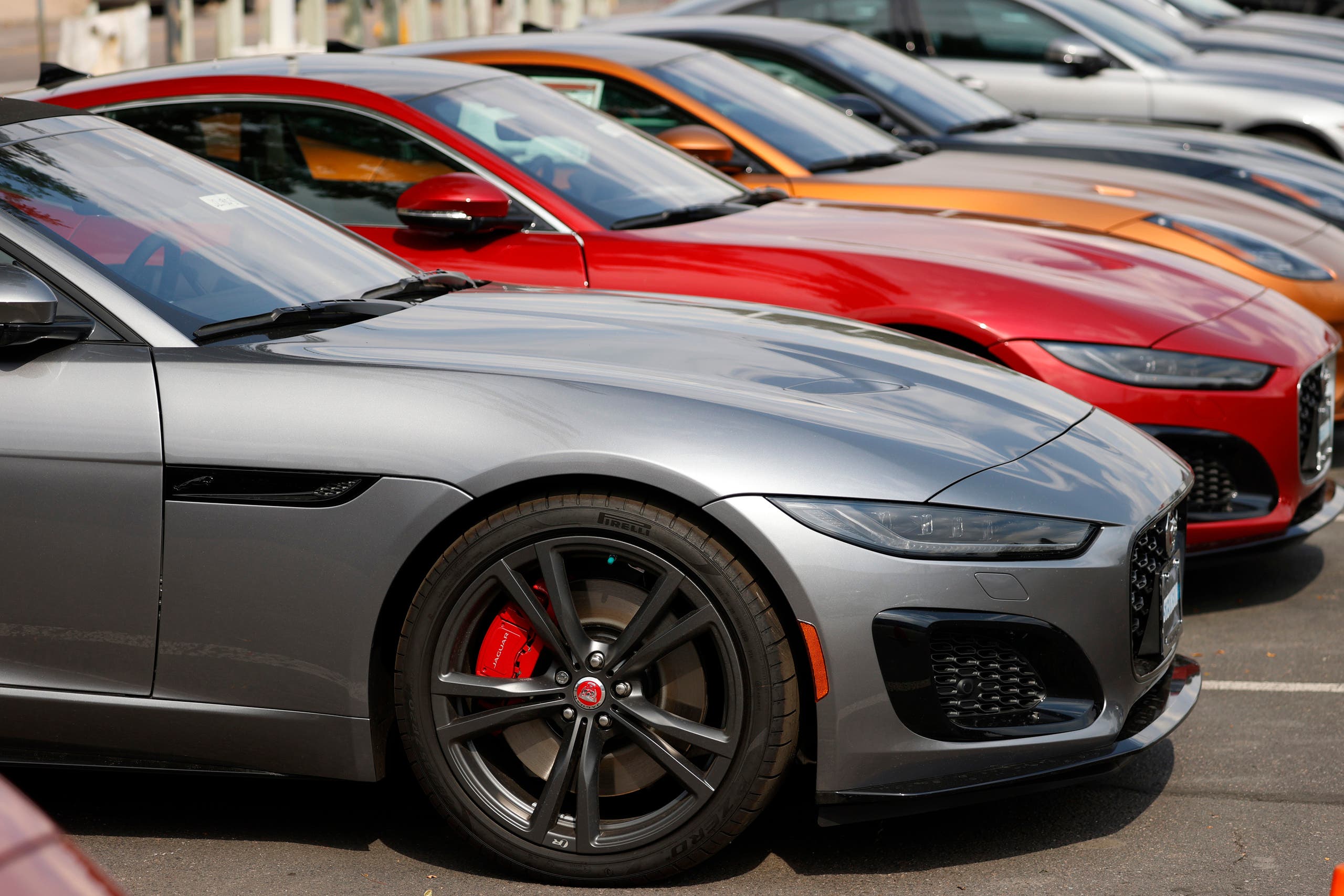 Unsold 2020 F-Type vehicles sit at a Jaguar dealership late Sunday, Aug. 9, 2020, in Littleton, Colo. (AP)