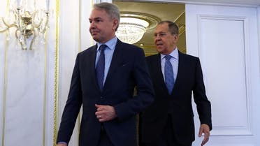Russia’s Foreign Minister Sergei Lavrov and his Finnish counterpart Pekka Haavisto walk during a meeting in Saint Petersburg, Russia, on February 15, 2021. (Reuters)