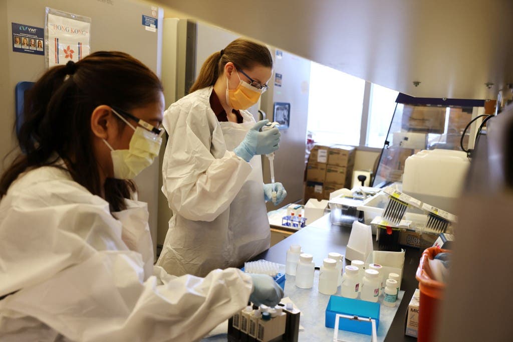 Medical lab scientists work on samples collected in the Novavax phase 3 Covid-19 clinical vaccine trial on February 12, 2021 in Seattle, Washington. (AFP)