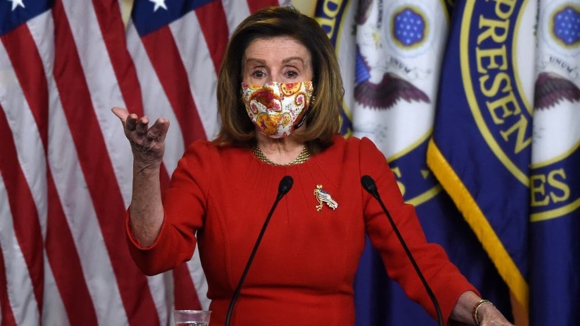 US Speaker of the House, Nancy Pelosi, Democrat of California, speaks during her weekly press briefing on Capitol Hill in Washington, DC, on February 11, 2021. (AFP)