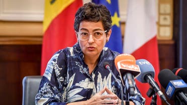 Spanish Foreign Minister Arancha Gonzalez Laya speaks during a joint press conference with Italian Foreign Minister Luigi Di Maio, on the occasion of their meeting at the Prefecture, in Milan, Italy, Tuesday, Sept. 8, 2020. (Claudio Furlan/LaPresse via AP)